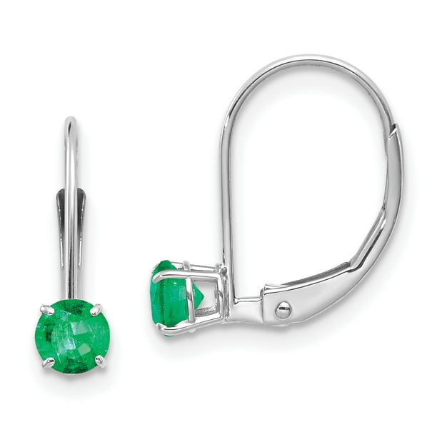 14K White Gold 4mm Round Emerald Bezel Leverback Earrings